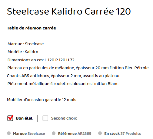 TABLE CARRE SUR ROULETTES STEELCASES descriptif