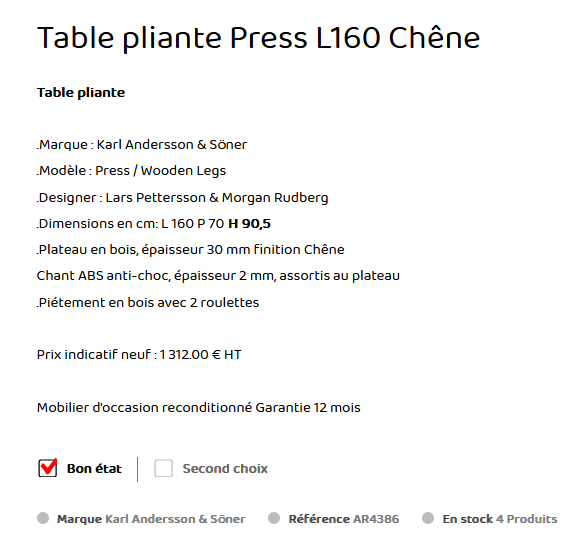 Table Chene L 160 Karl et Andersson descriptif