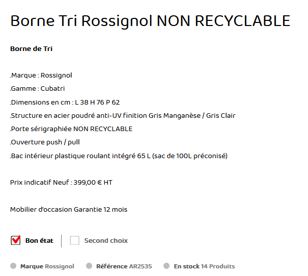 Poubelle Rossignol Grise NON RECYCLE descriptif