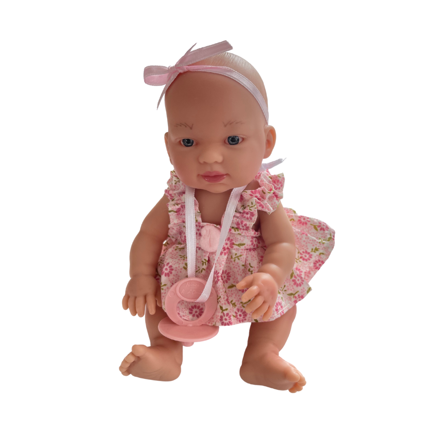 petite poupée pop corn 26 cm - robe fleurie rose