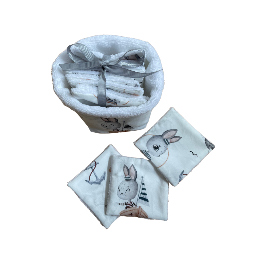 Panier  12 lingettes réutilisables en coton pour bébéimprimées lapin marin made in france