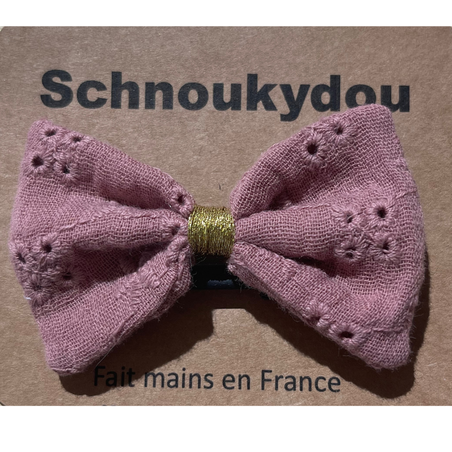 Barrette broderie anglaise prune Noeud doré made in france