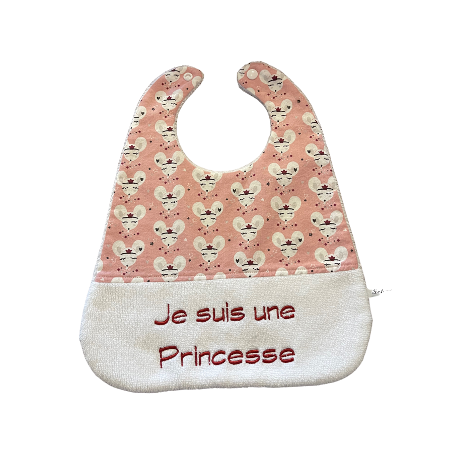 Bavoir en coton à partir de 6 mois - message « je suis une princesse » souris rose