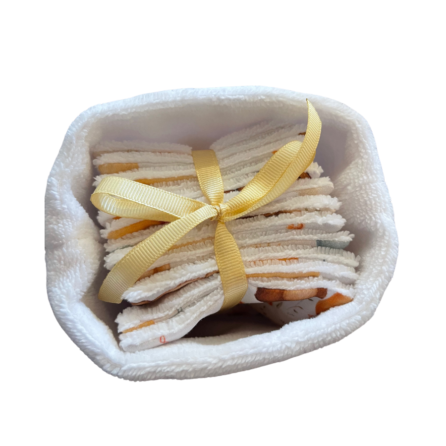 Lingettes en coton carrées réutilisables dans panier x12 made in france oursons