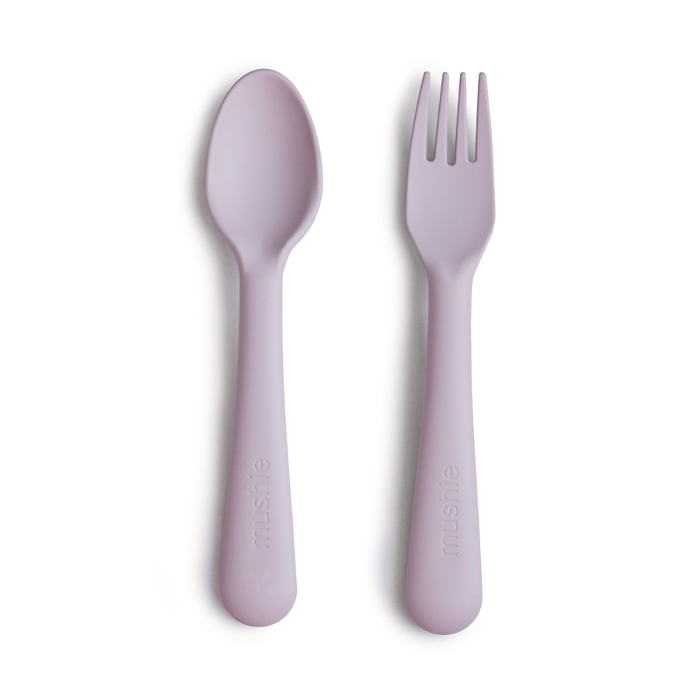 Lot fourchette / cuillère en plastique pour enfant lila mushie
