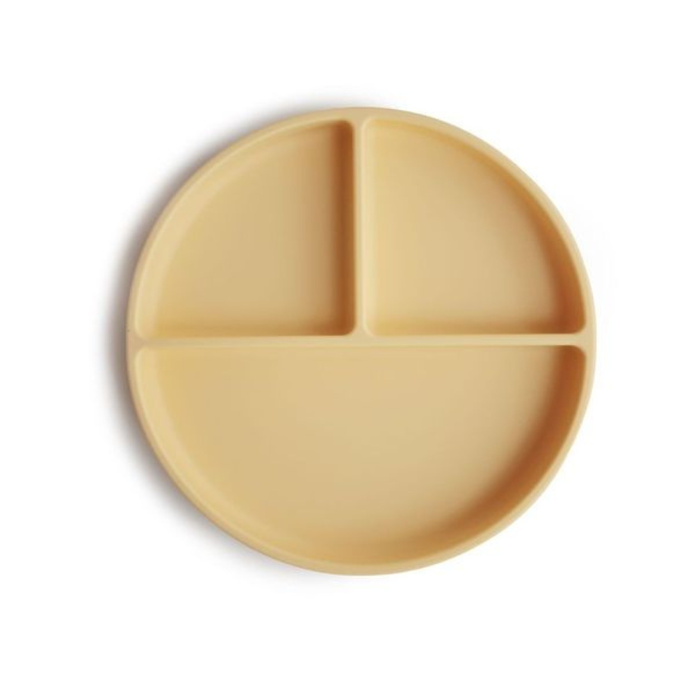 Assiette ronde avec ventouse et compartiment pour bébé en silicone jaune mushie