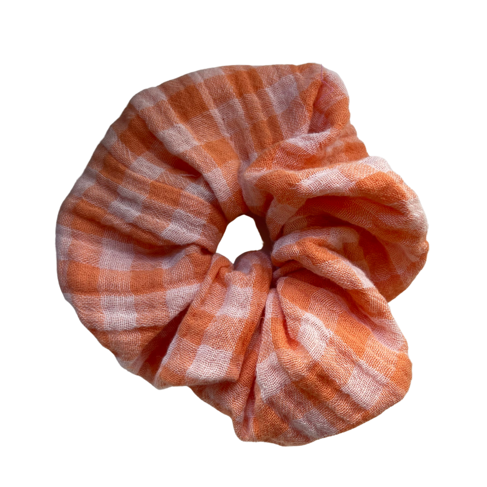 Chouchou cheveux en coton, tissu vichy orange - Fabriqué en Alsace