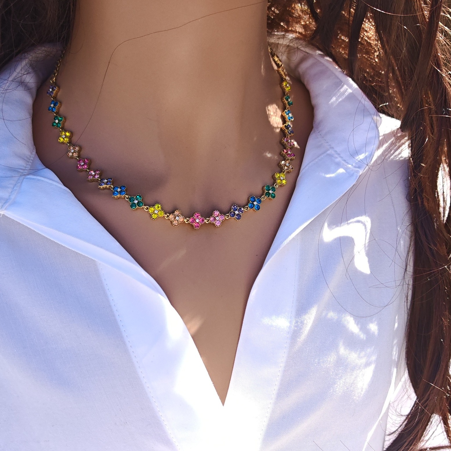 Collier Vintage Avec Strass Multicolores - Bijou Fantaisie Rétro - Occasion