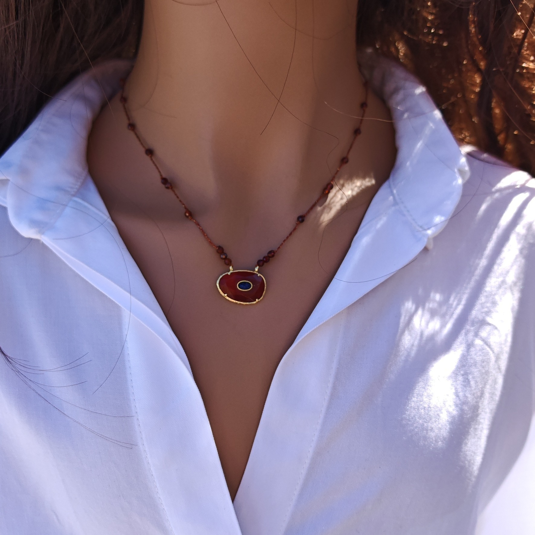 Collier En Pierres Naturelles Lapis Lazuli Et Cornaline - Bleu Et Orange, Neuf Avec étiquettes