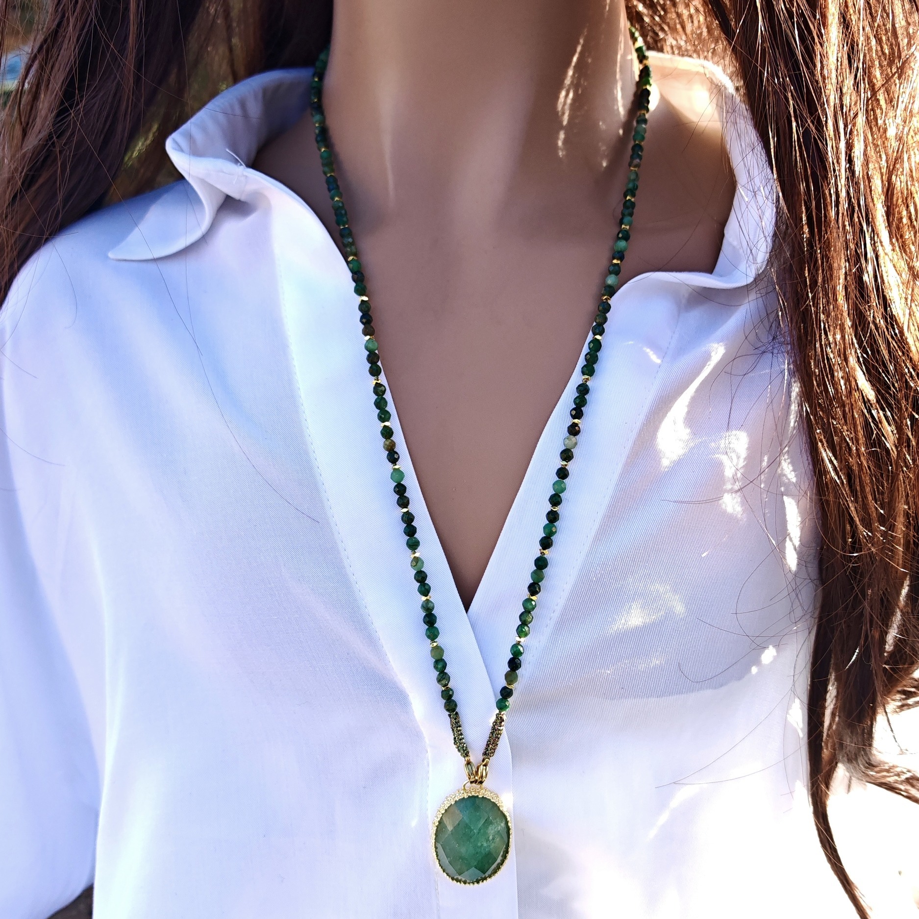 Long Collier Sautoir Femme Perle Et Pierre Vert Amande - 55cm (Neuf, Fashion Bimbo)