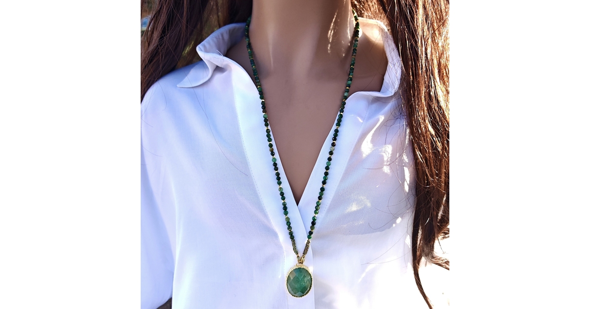 Sautoir Bohème Chic en perles fluorite amazonite pompon