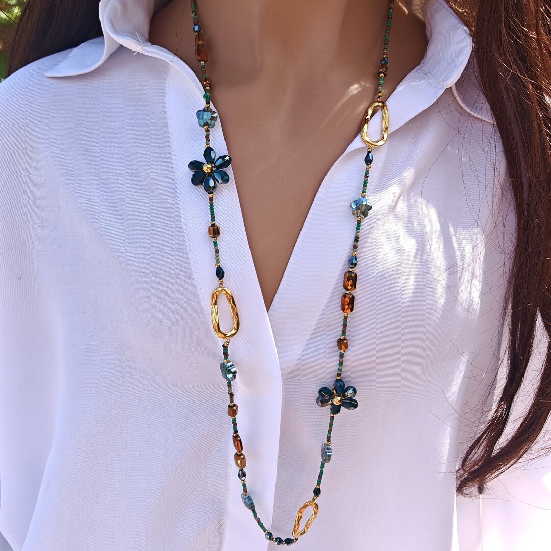 Collier Sautoir Agate Verte Et Perles Miniatures - Occasion Bon état - Pierre Dure, Style Bohème