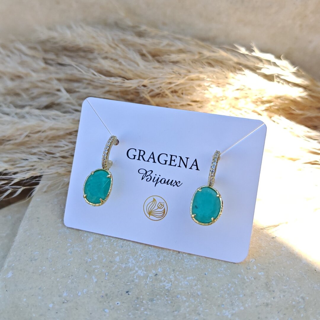 Boucles D'oreilles Pendantes En Amazonite 12 Mm, Monture Plaqué Or Dormeuses - Neuf Sans Emballage