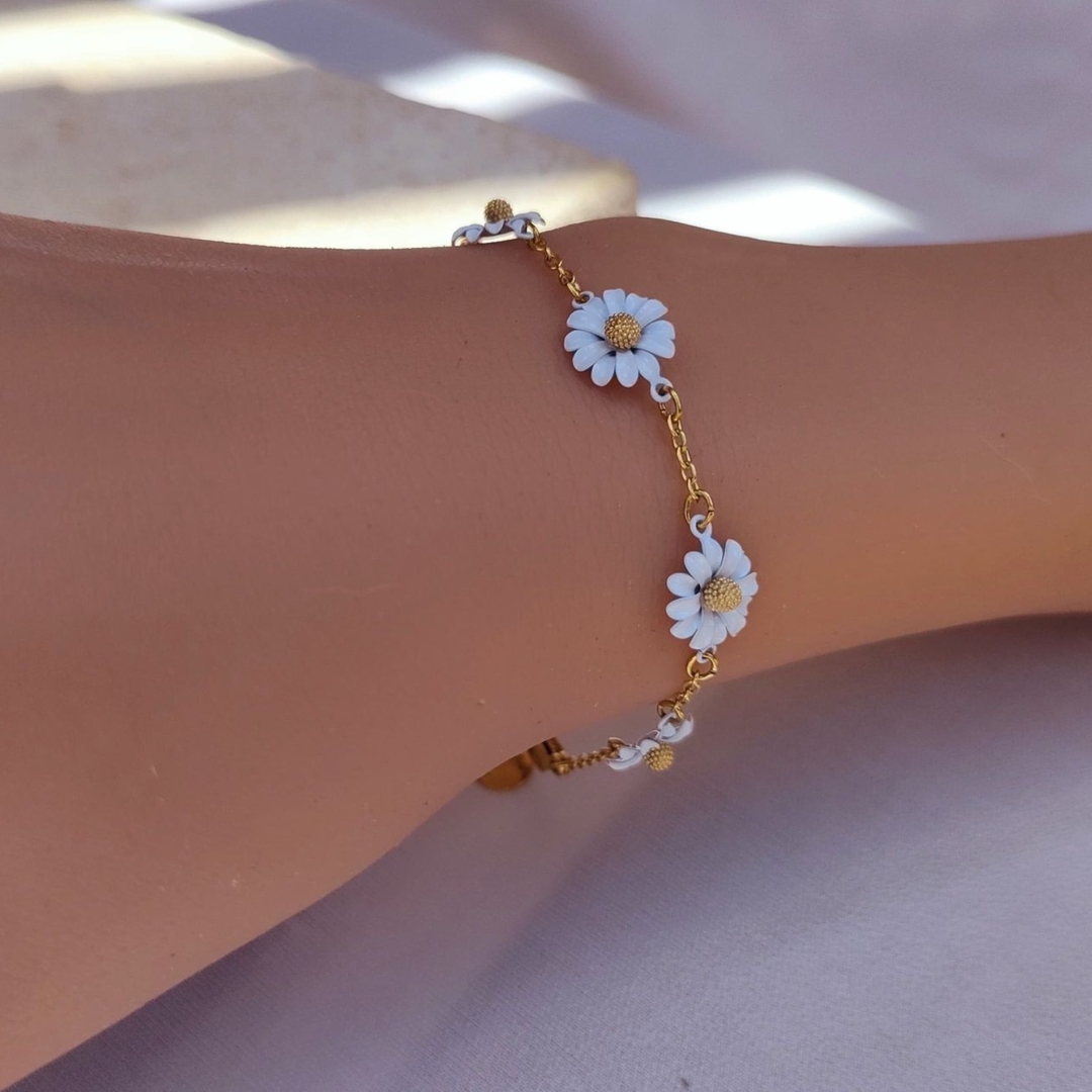 Bracelet Cheville Marguerite Pour Femme - Cuivre Et Acrylique, Chaîne Dorée, Décoration Mode Cadeau Anniversaire