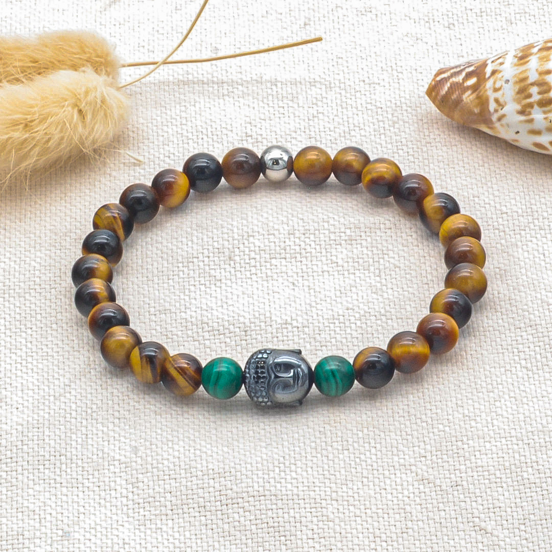 Bracelet bouddha pierre boule malachite & oeil de tigre
