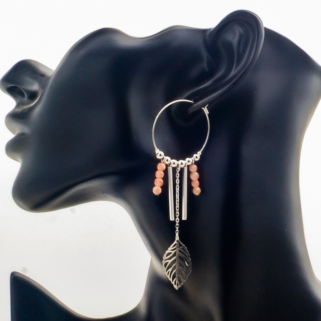 Boucles d\'oreilles créoles pierre de soleil feuille acier inoxydable