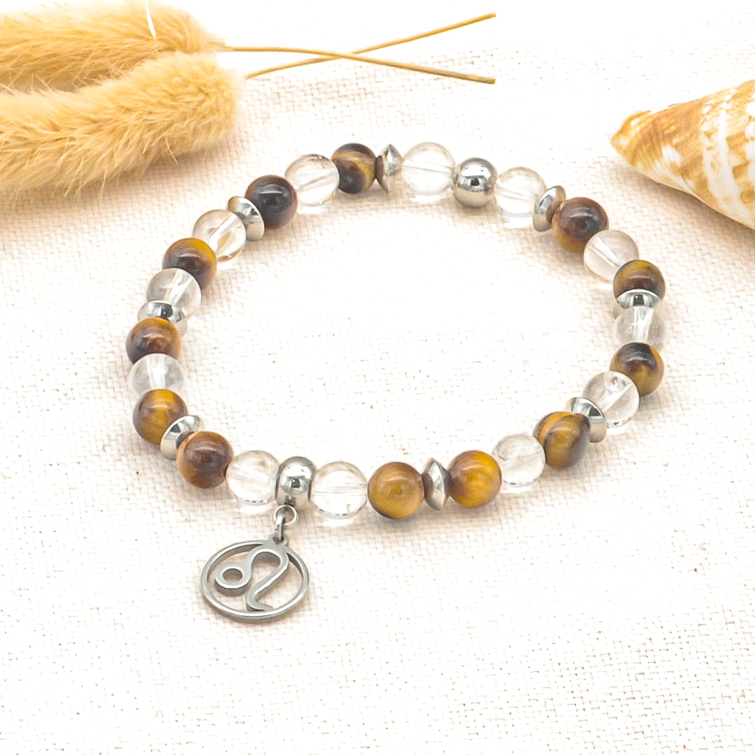 Bracelet signe astrologique lion, pierre boule oeil de tigre & cristal de roche