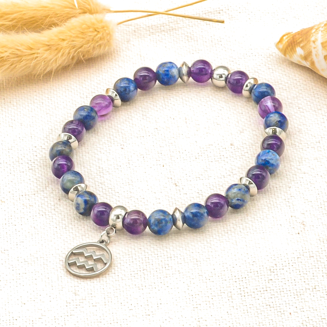 Bracelet signe astrologique verseau, pierre boule lapis-lazuli & améthyste