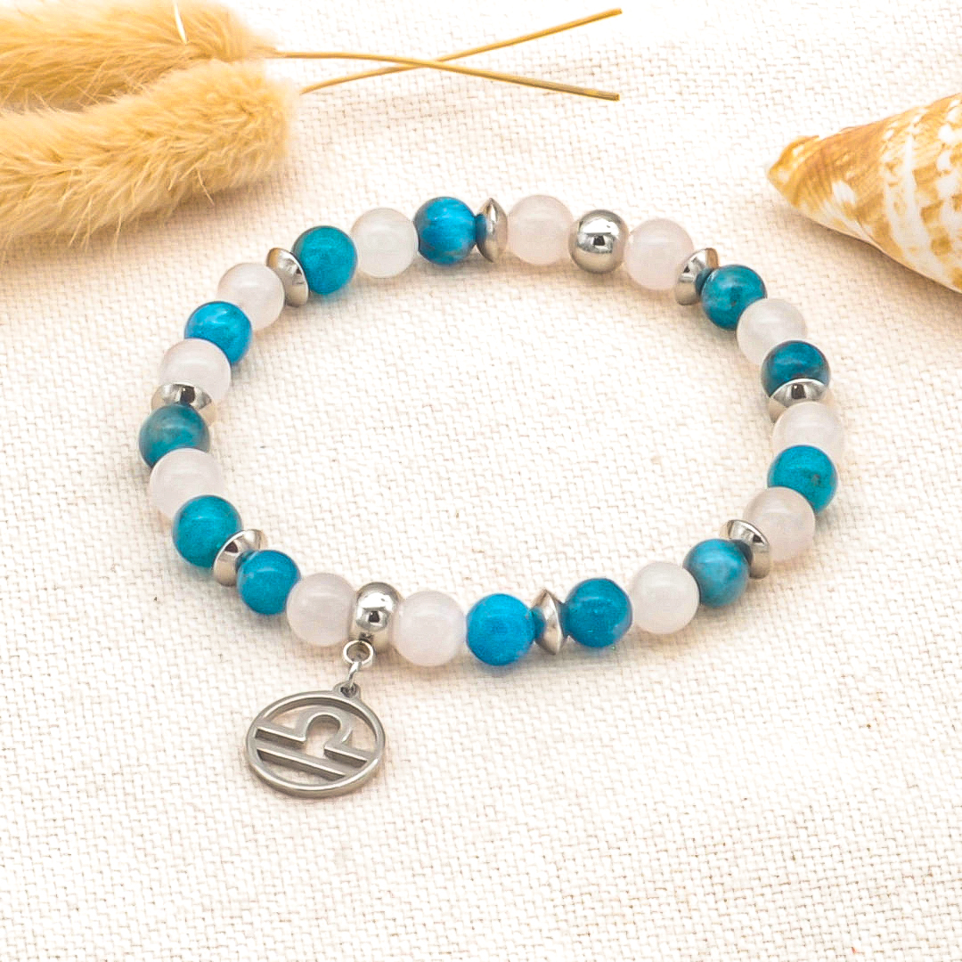 Bracelet signe astrologique balance, pierre boule quartz rose & apatite bleue