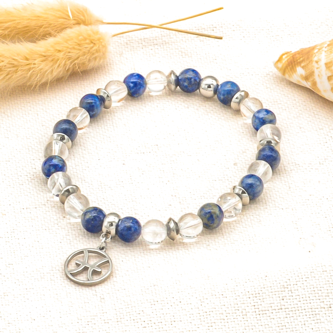 Bracelet signe astrologique poisson, pierre boule lapis-lazuli & cristal de roche