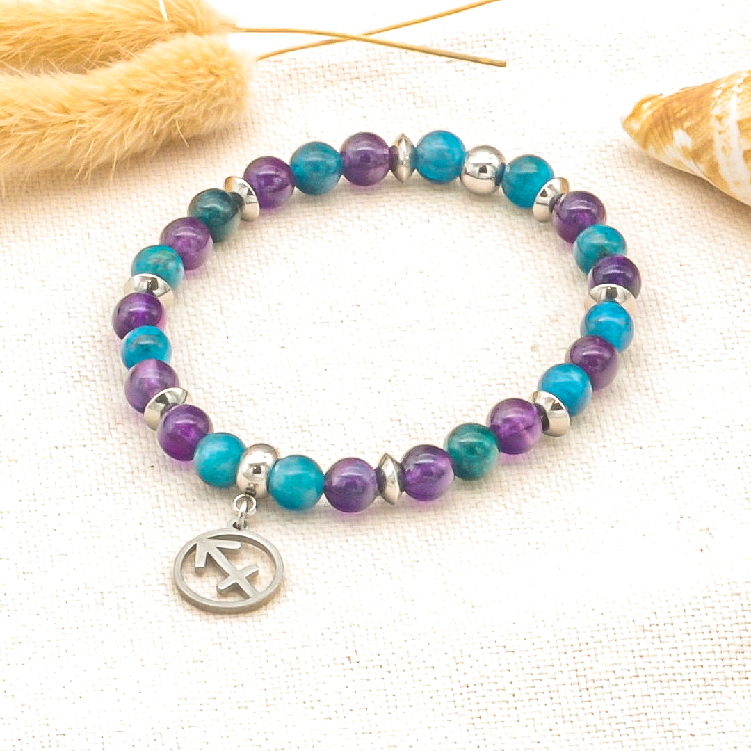Bracelet signe astrologique sagittaire, pierre boule améthyste & apatite bleue