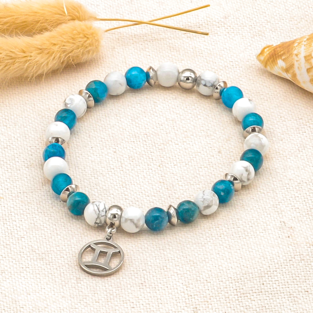 Bracelet signe astrologique gémeaux, pierre boule howlite & apatite bleue