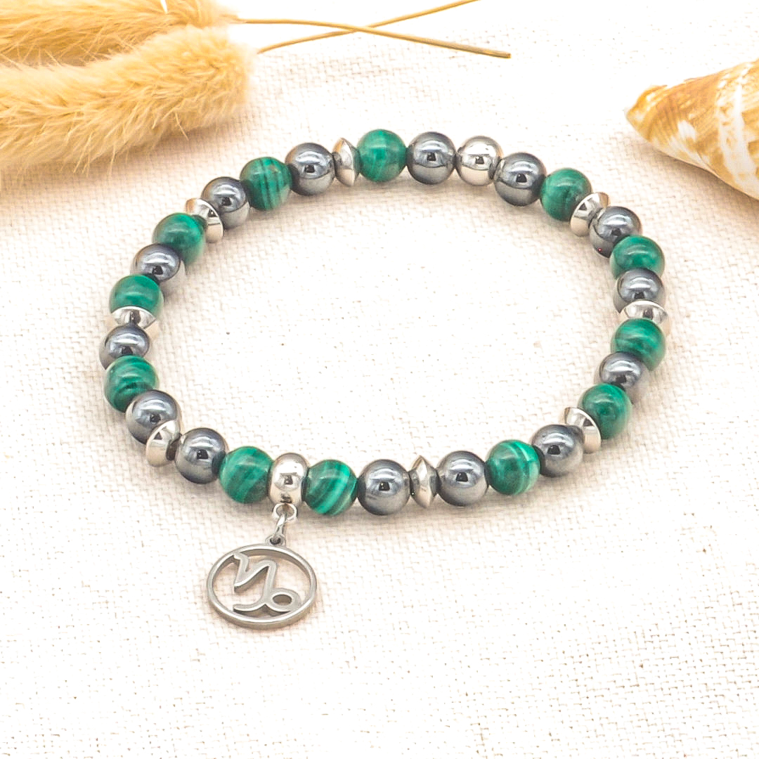 Bracelet signe astrologique capricorne, pierre boule hématite & malachite