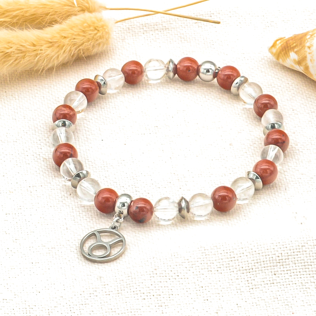 Bracelet signe astrologique taureau, pierre boule jaspe rouge & cristal de roche