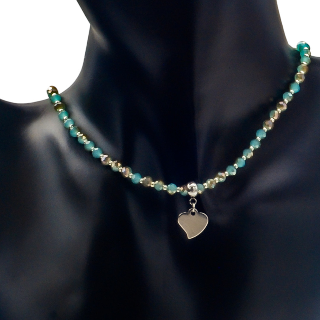 Collier coeur argent perle cristal bleu