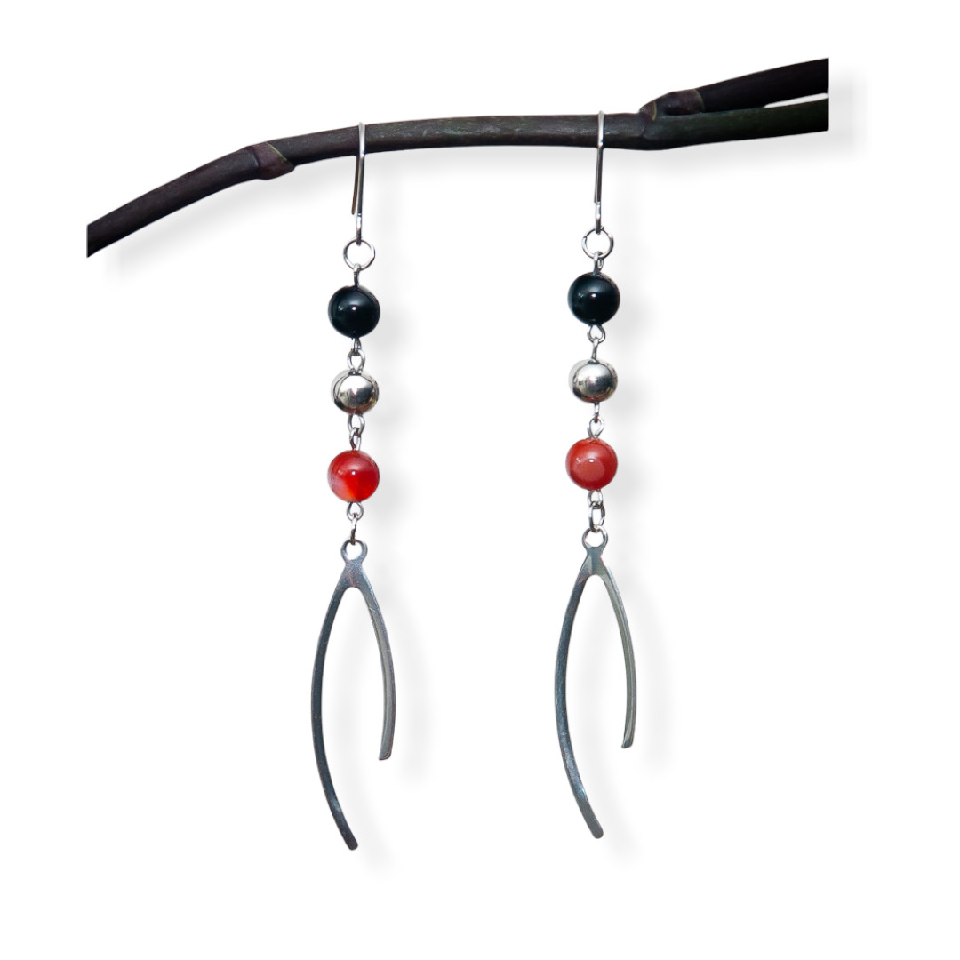 Boucles d'oreilles pendantes, pierre naturelle agate teintée orange rouge, onyx noir, acier inoxydable argent 4
