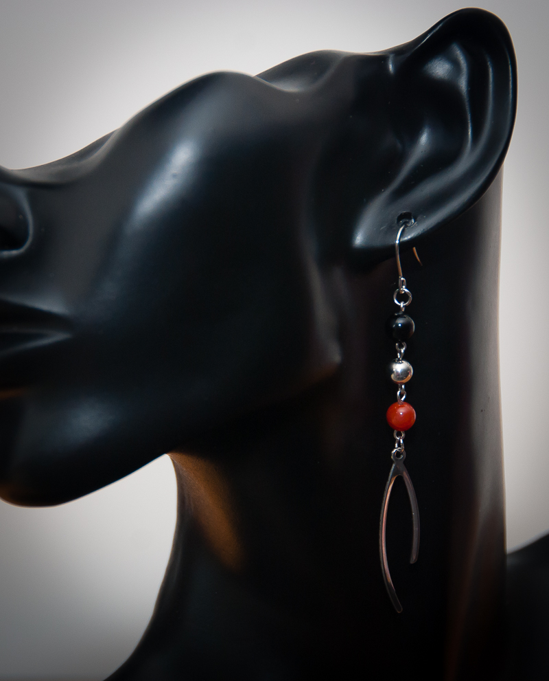 Boucles doreilles pendantes, pierre naturelle agate teintée orange rouge, onyx noir, acier inoxydable argent 2