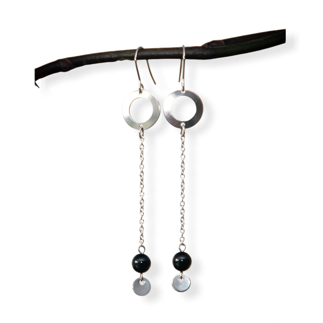 Boucles d'oreilles pendantes, pierre naturelle onyx noir, anneau acier inoxydable argent 3