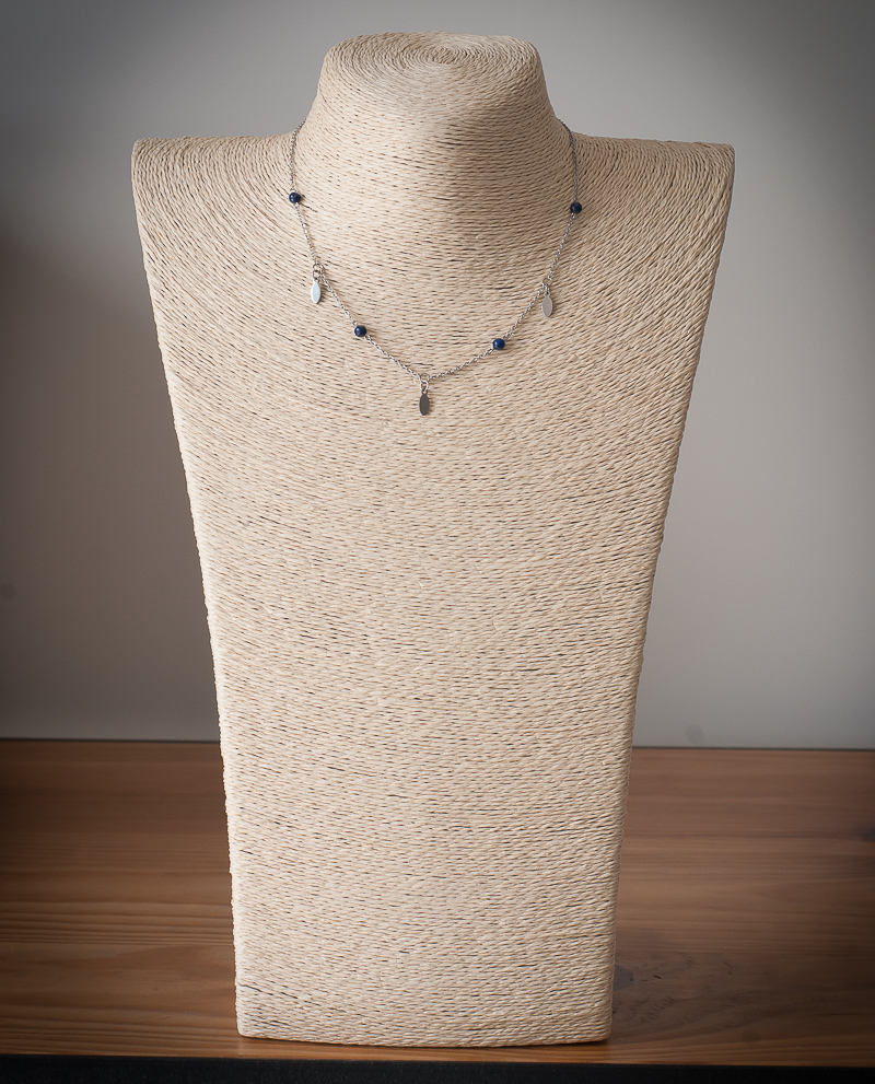Collier minimaliste ras de cou, pendentif navette, pierre naturelle lapis lazuli, chaîne acier inoxydable argent 3