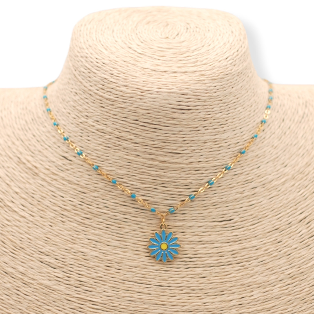 Collier marguerite émaillée bleu