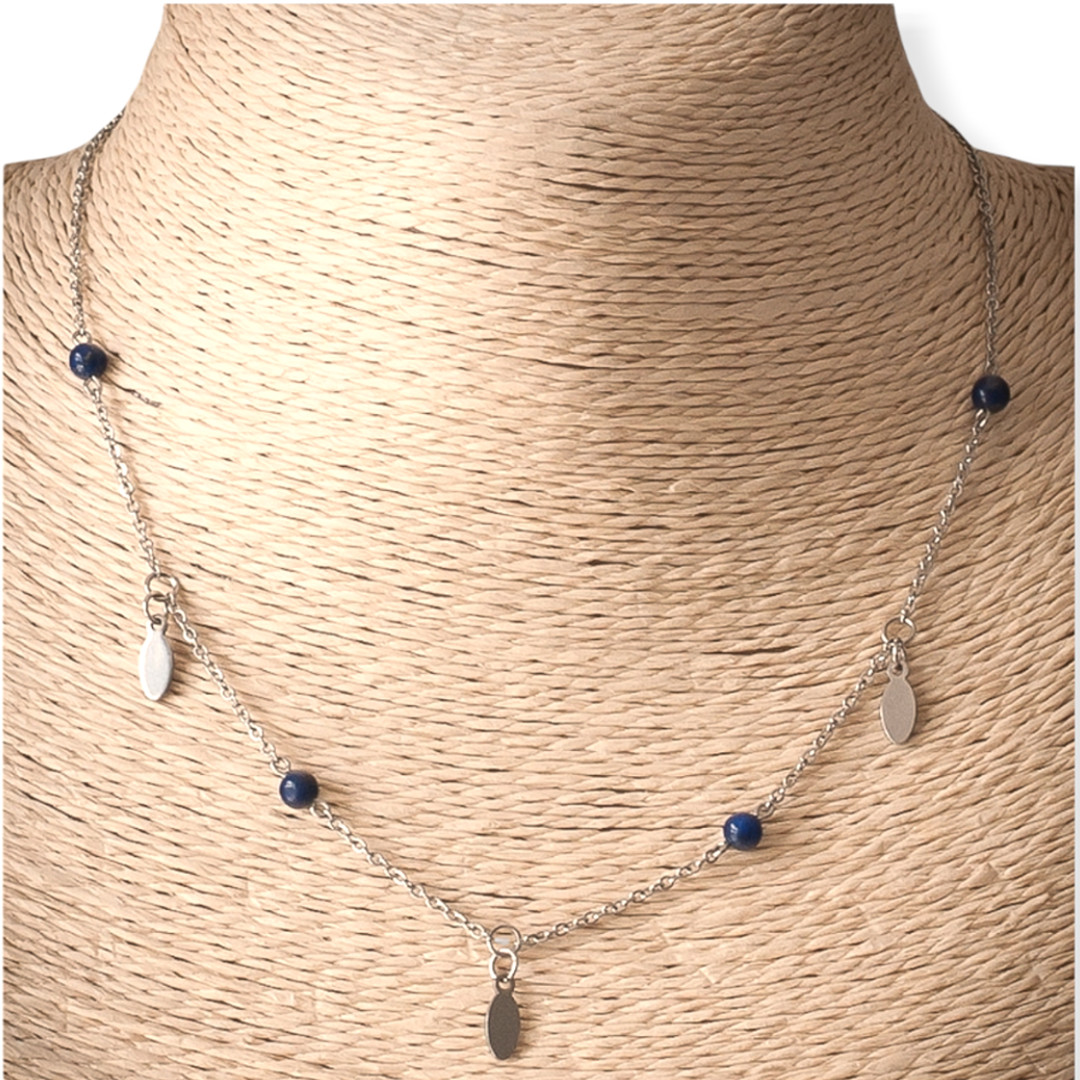 Collier minimaliste ras de cou, pendentif navette, pierre naturelle lapis lazuli, chaîne acier inoxydable argent 5