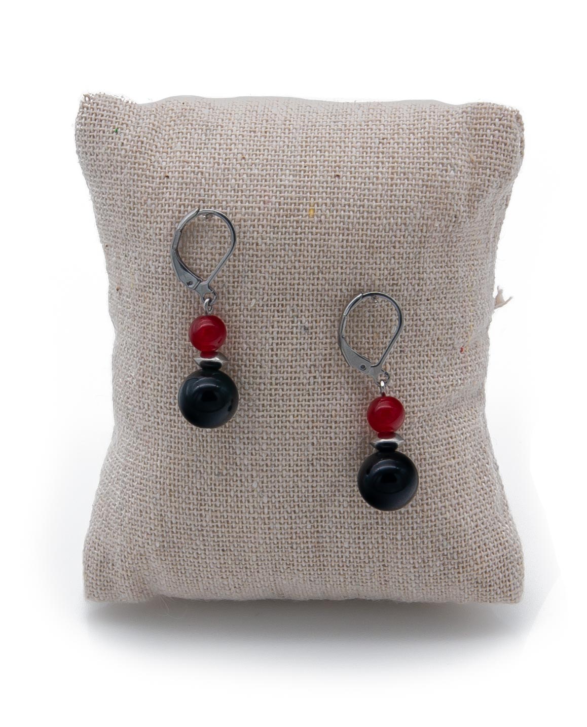 Boucles d\'oreilles dormeuse pierre naturelle obsidienne & cornaline rouge