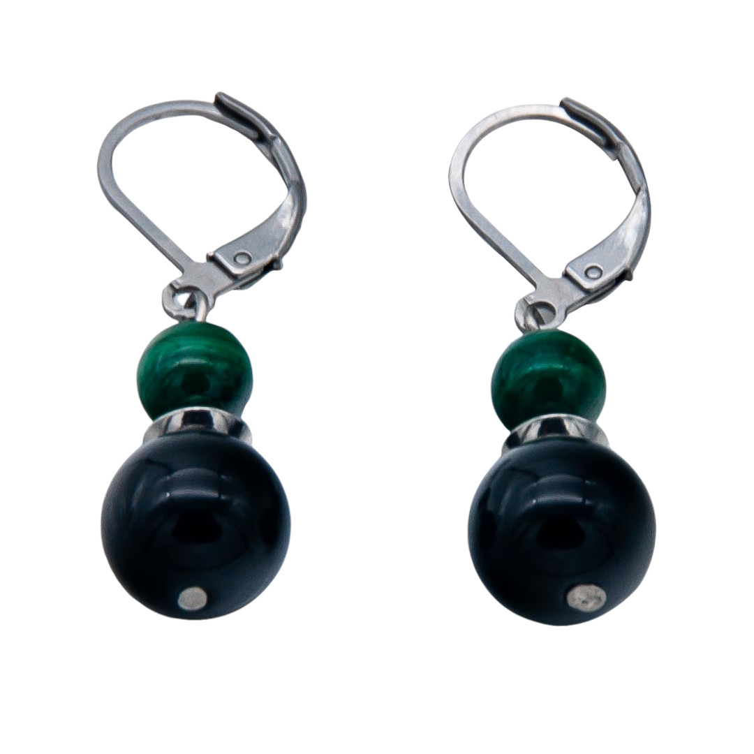 Boucles doreilles dormeuse pierre naturelle obsidienne noire, malachite, acier inoxydable argent 3