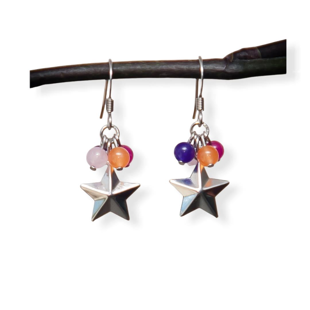 Boucles d\'oreilles enfant étoile, mini pierres naturelles rose, orange, violet