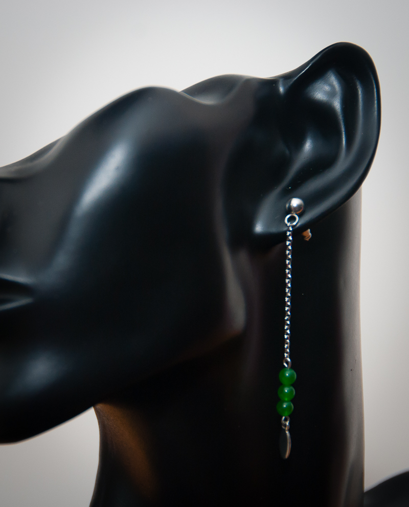 Boucles doreilles clou boule, perle jade verte, pendentif navette, chaîne acier inoxydable argent 2