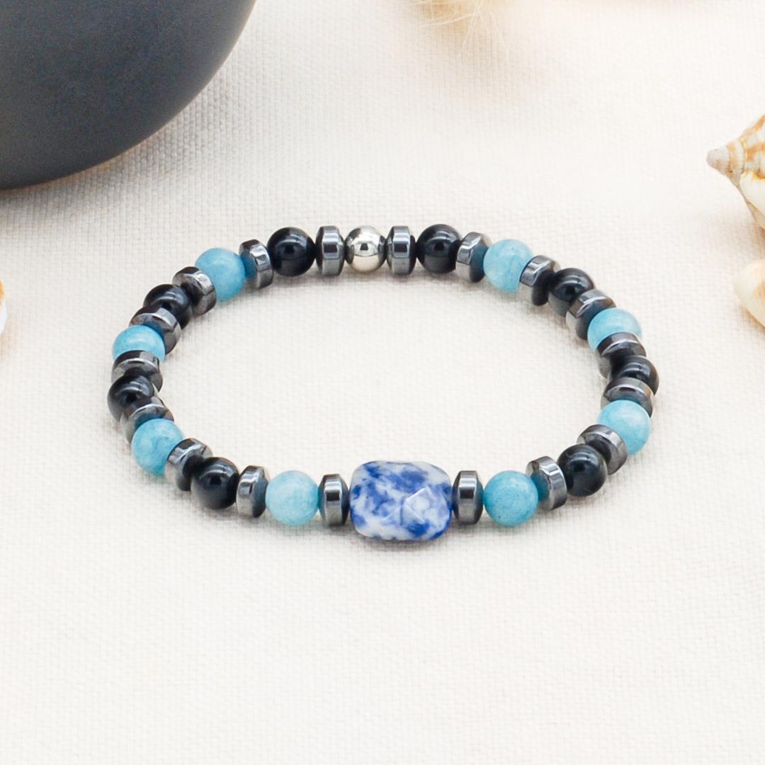 Bracelet bien-être sodalite, calcédoine bleu & onyx noir