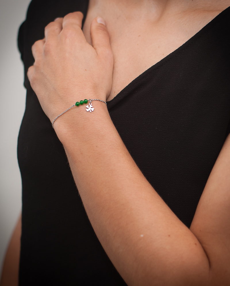 Bracelet minimaliste pendentif trèfle, pierre naturelle jade verte, chaîne acier inoxydable argent 3