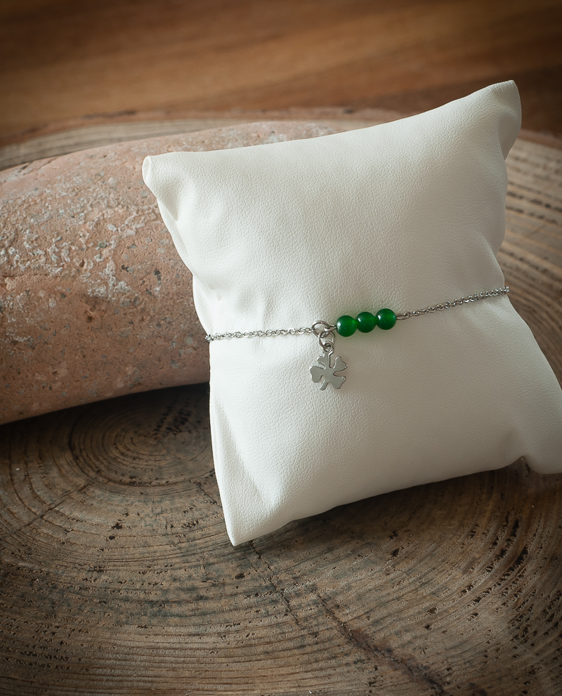 Bracelet minimaliste pendentif trèfle, pierre naturelle jade verte, chaîne acier inoxydable argent 1