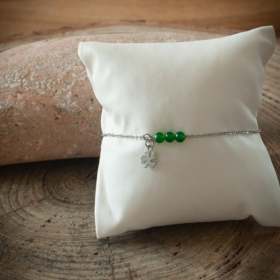 Bracelet minimaliste pendentif trèfle, pierre naturelle jade verte, chaîne acier inoxydable argent 2