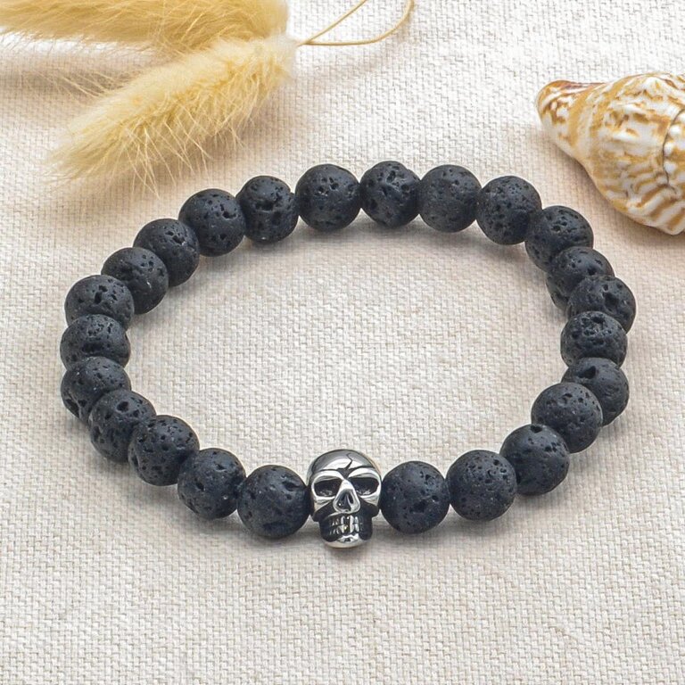 Bracelet Homme En Pierre De Lave Naturelle - Gravures Ancre, étoile Du Nord, Boussole - Perles 8 Mm, Ajustable - Cadeau Spirituel
