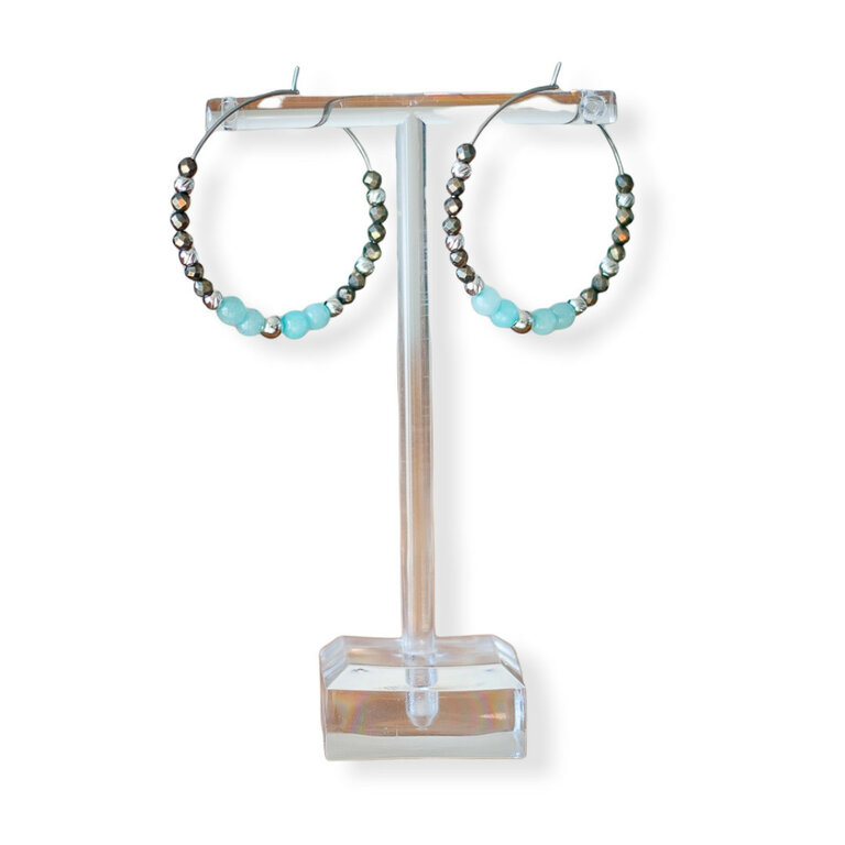 Boucles D'oreilles Créoles Amazonite Doré - Acier Inoxydable, Pierre Verte, Neuf Avec étiquette