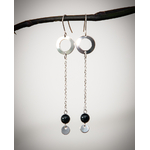 Boucles doreilles pendantes, pierre naturelle onyx noir, anneau acier inoxydable argent