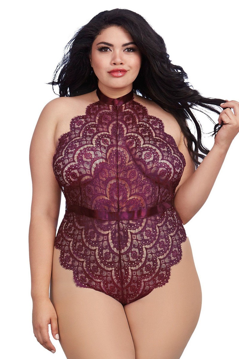 Plus Size Lace Longline Bralette and Thong Set