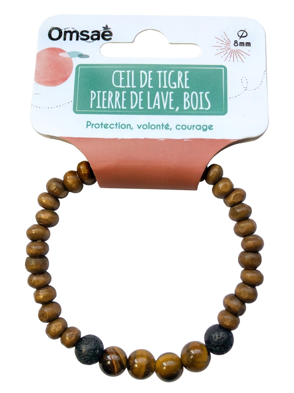 70030.1-Bracelet Bois, Oeil de Tigre et Pierre de lave
