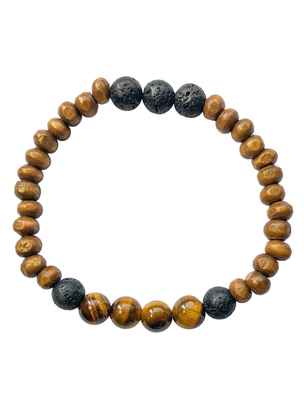 Bracelet Bois, Oeil de Tigre et Pierre de lave Perles rondes 8 mm