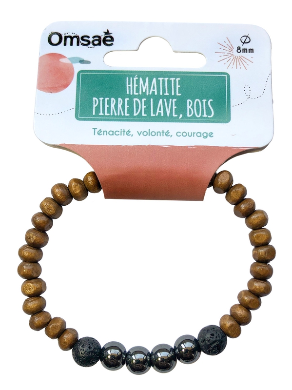 70029-Bracelet Bois, Hématite et Pierre de lave